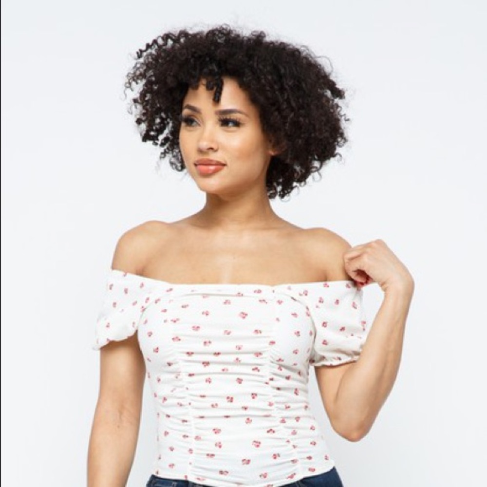 Rib Ditsy Off Shoulder Ruched Top
